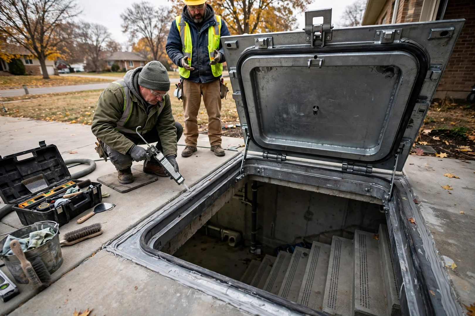 Steel entry hatch and steps leading down into an in-ground garage floor shelter